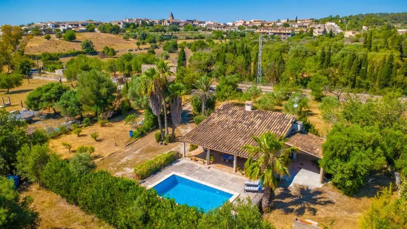 Una piscina al aire libre junto a una casa, rodeada de árboles y vegetación.