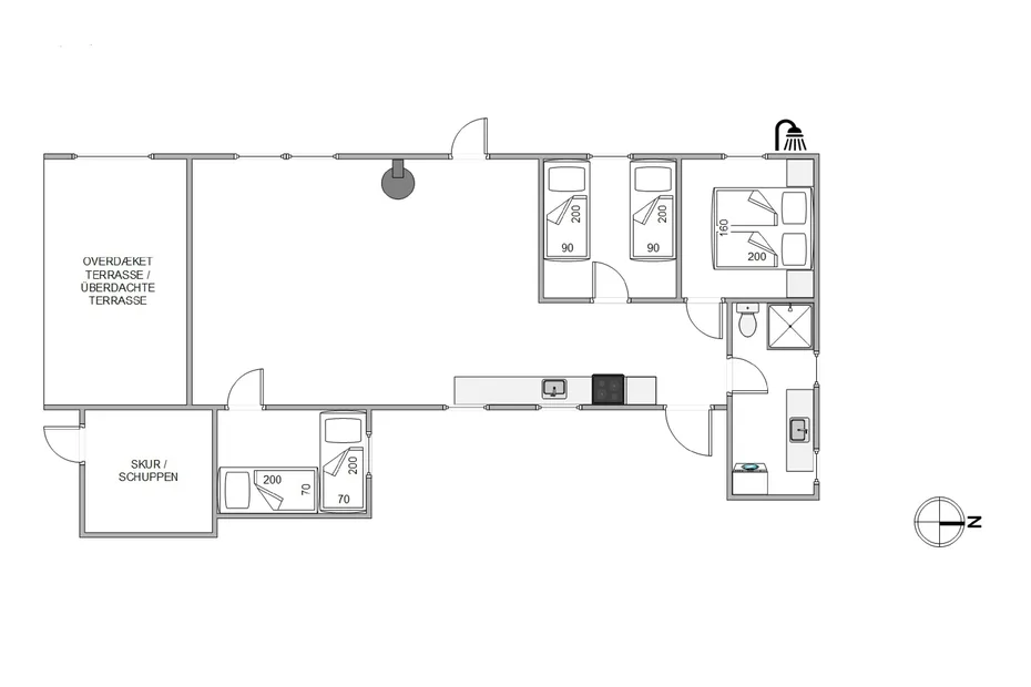 Un plano muestra una cocina, varias habitaciones y una terraza.
