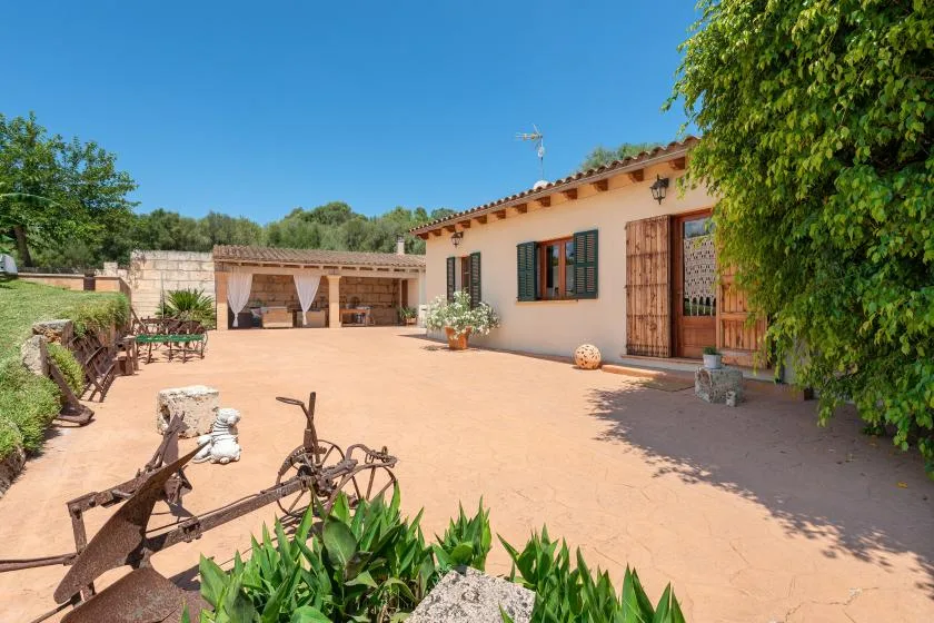 Un patio soleado junto a una casa, con asientos al aire libre y plantas frondosas.
