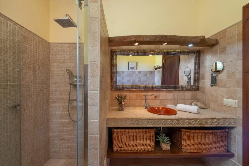 Un baño alicatado con ducha de vidrio, lavabo y un espejo amplio.