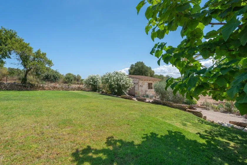 Un jardín soleado con césped, árboles frondosos y un edificio de piedra al fondo.