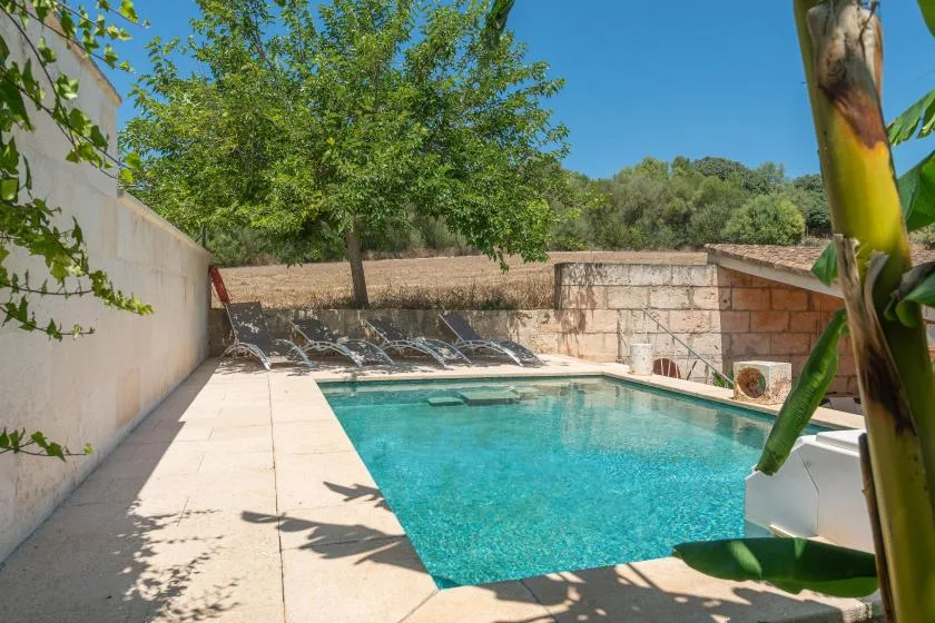 Una piscina al aire libre con una zona pavimentada y árboles alrededor.