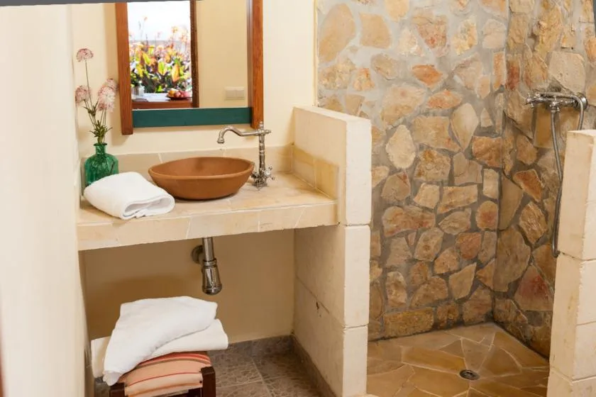 Un lavabo de baño con un recipiente sobre la encimera está junto a una ducha revestida de piedra.