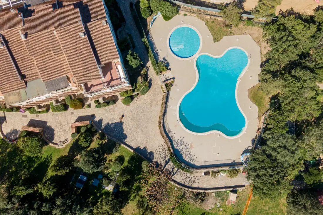 An aerial view shows a swimming pool beside a tiled-roof building and trees.