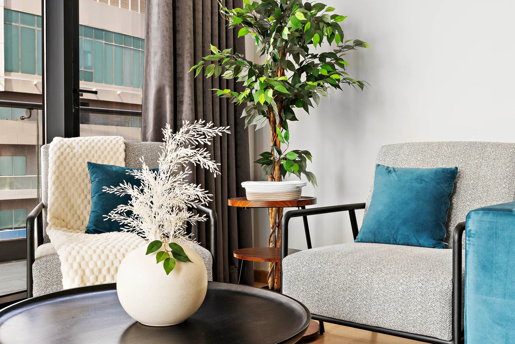 A bright living room with seating, a coffee table, and leafy plants by the window.
