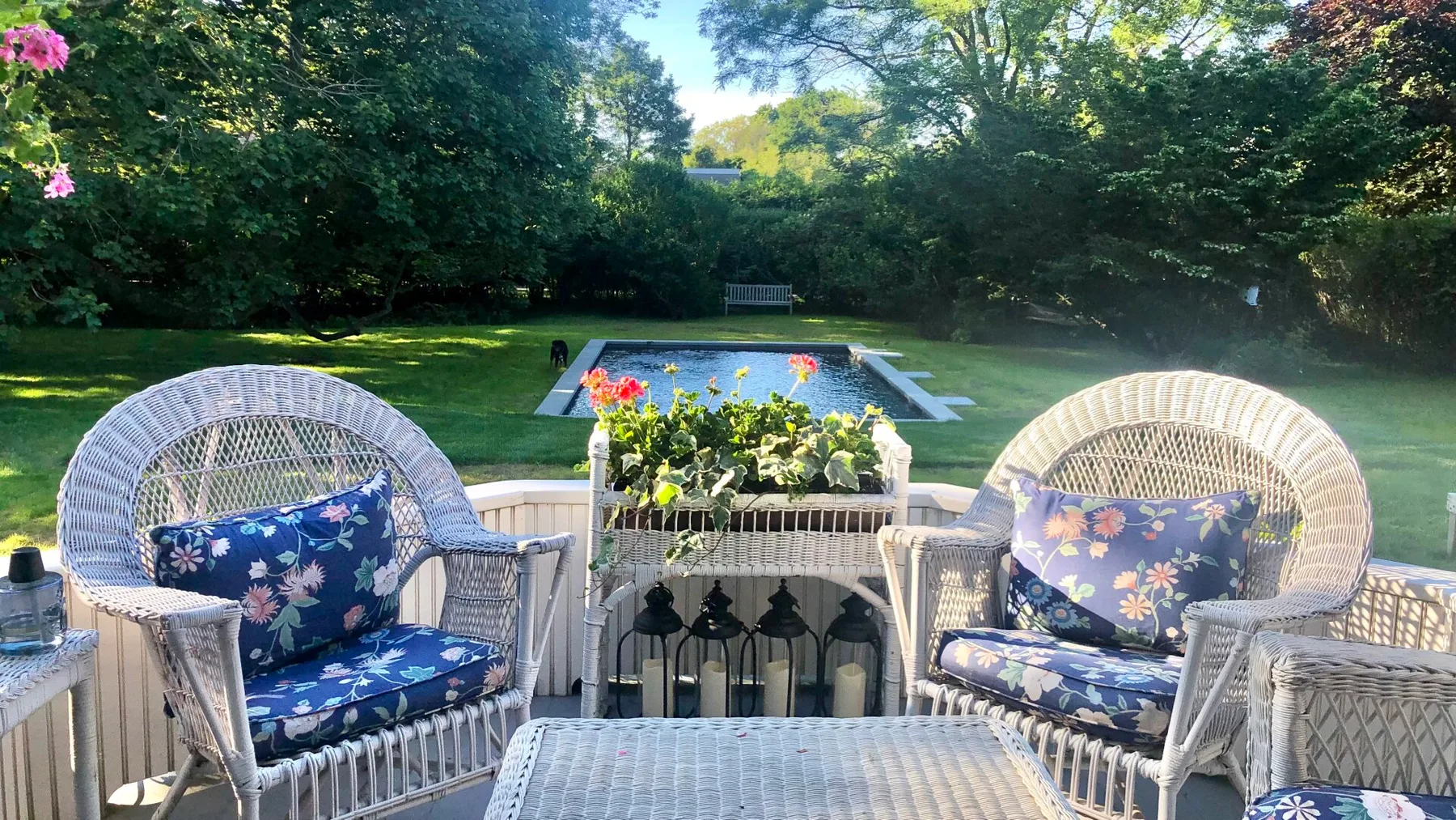 An outdoor seating area overlooks a garden and rectangular swimming pool.