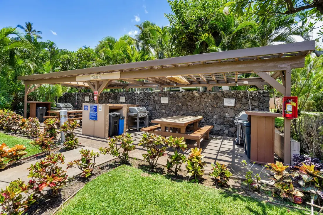 A covered outdoor dining and cooking area with picnic tables and grills.