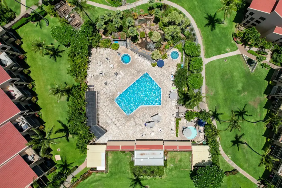 An aerial view of a swimming pool and paved deck surrounded by landscaped grounds.