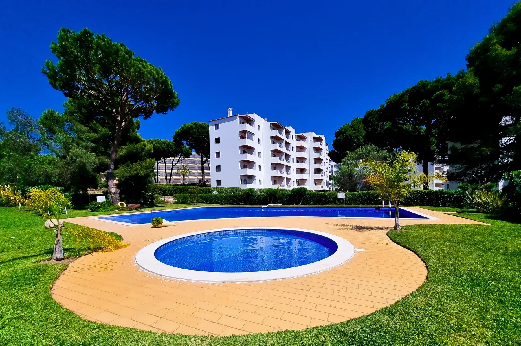 An outdoor swimming pool sits on a paved deck beside a grassy lawn and apartment building.