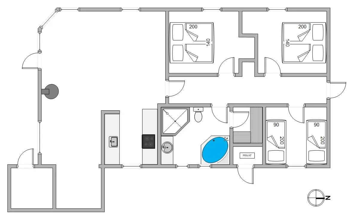 Un plano de una casa muestra dos dormitorios, un baño y una zona central de estar.