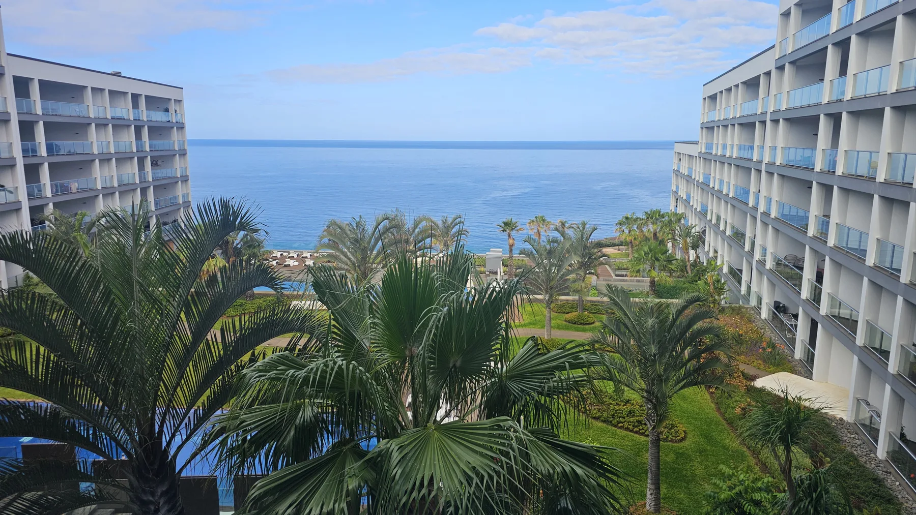 Un patio ajardinado con palmeras entre dos edificios, con vistas al mar.