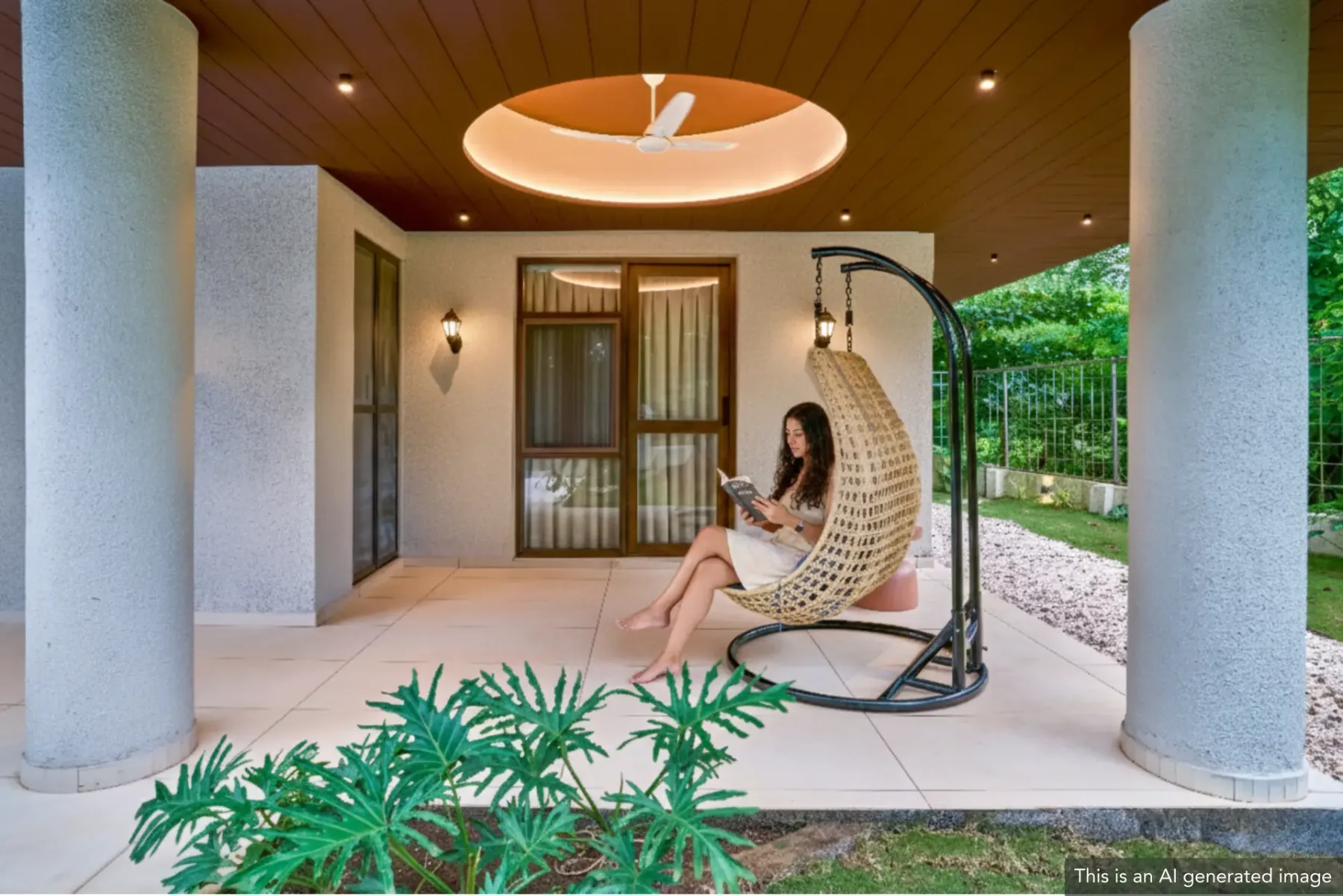A covered patio with a hanging seat and a view of the garden.