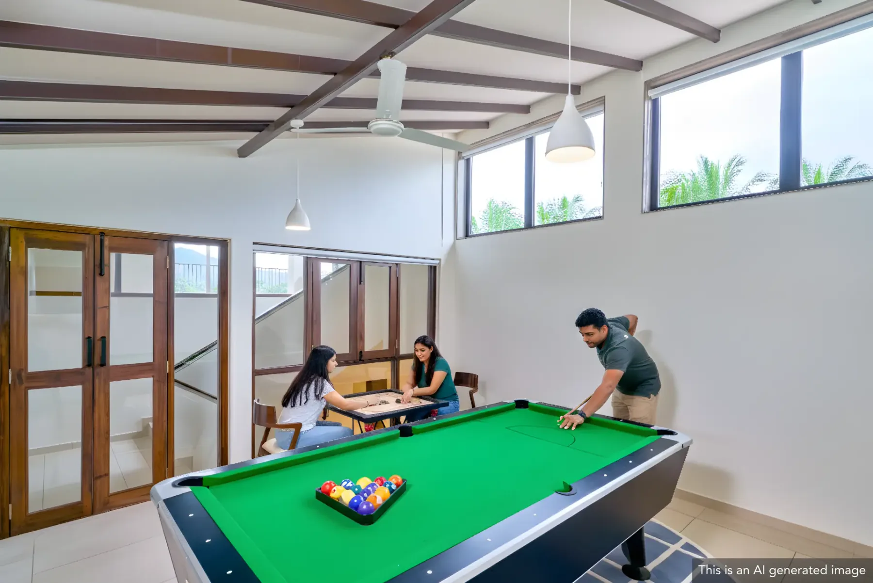 A billiards table sits in a bright room with large windows.
