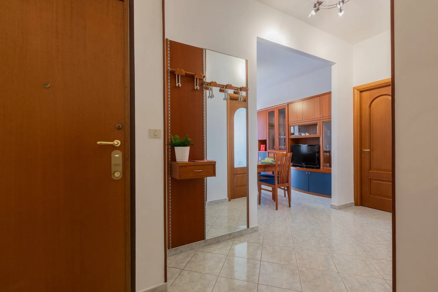 An apartment entry hall opens onto a living area with a television and wooden furniture.