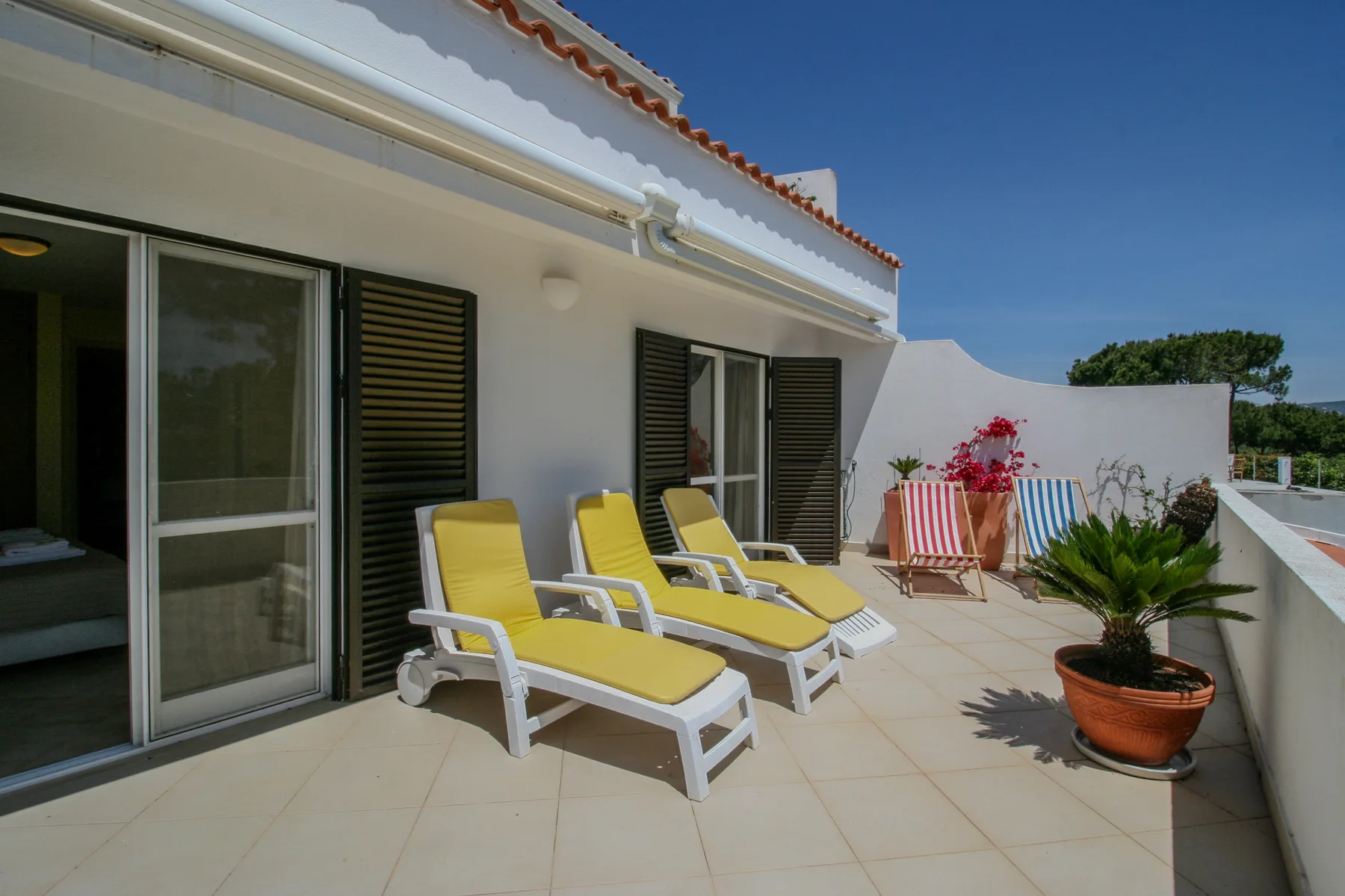 Una terraza soleada junto a una casa blanca tiene asientos amarillos y plantas en macetas.