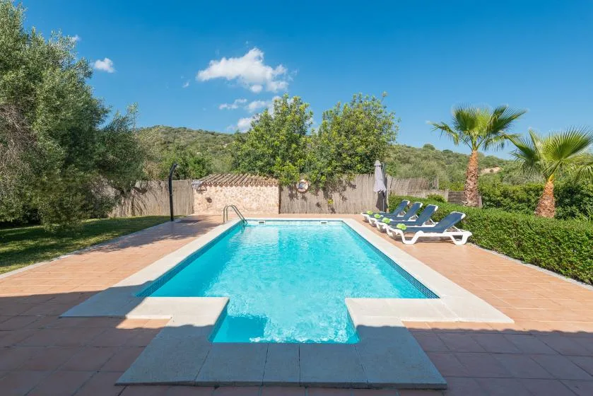 An outdoor swimming pool is surrounded by a paved deck and lounge seating.