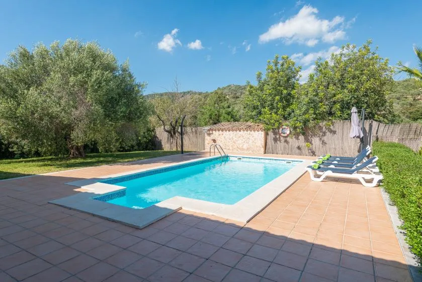 An outdoor swimming pool with lounge seating on a tiled patio.