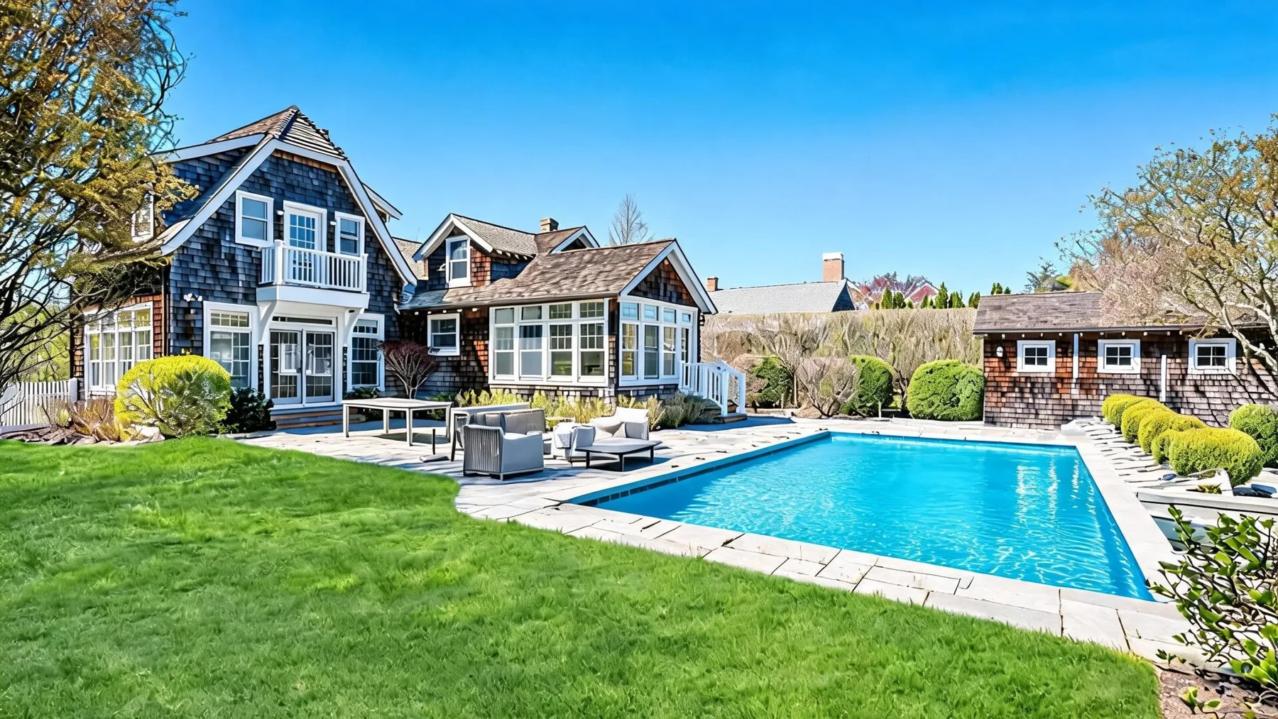 A large house overlooks a swimming pool surrounded by a lawn and patio.