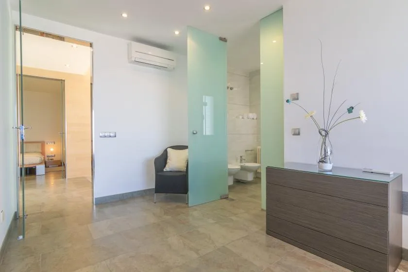 A bright interior with a glass bathroom partition and a low cabinet topped with flowers.