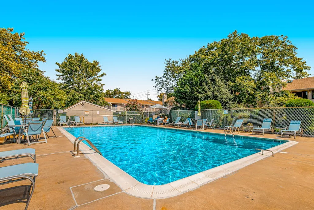An outdoor swimming pool is surrounded by deck seating and leafy trees.