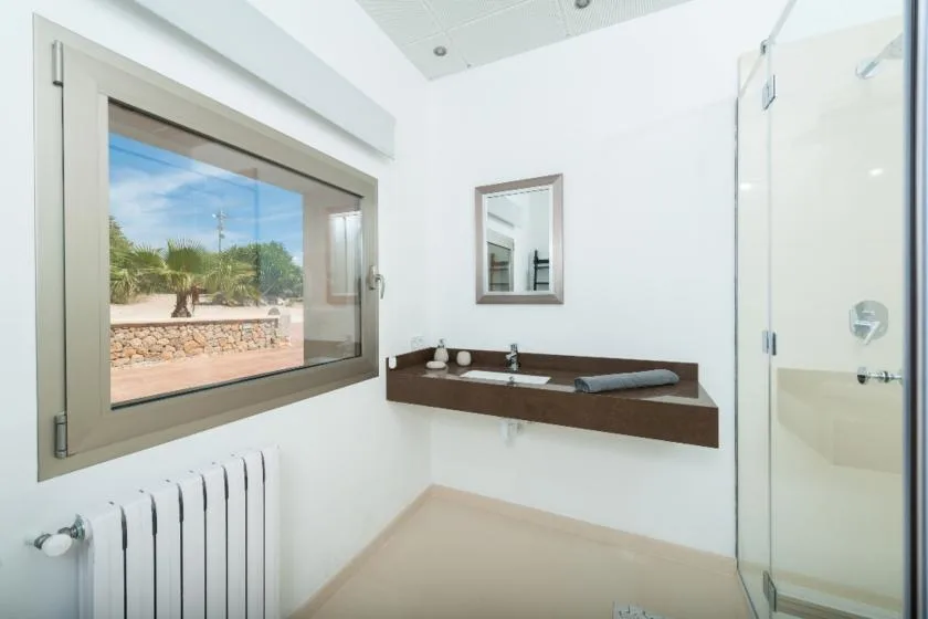 A bright bathroom with a wall-mounted sink, mirror, and glass shower.