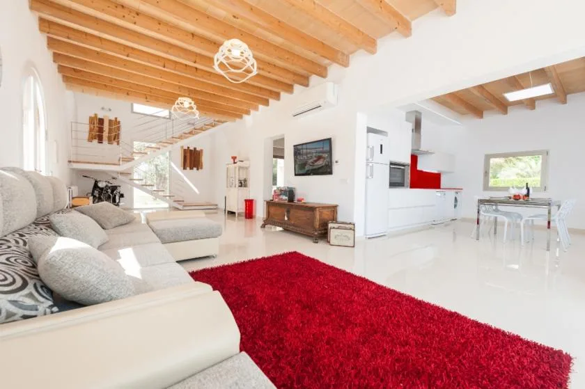 Open-plan living room with a seating area, red rug, and kitchen.