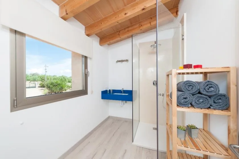A bright bathroom with a glass shower, blue sink, and wooden shelving.