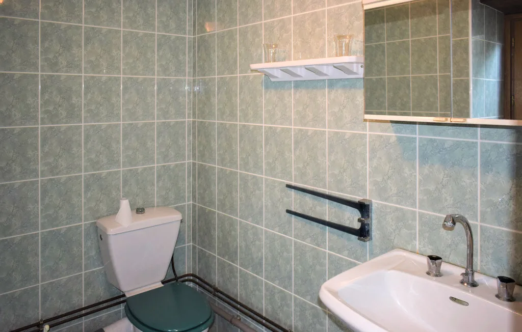 A tiled bathroom with a toilet and sink.