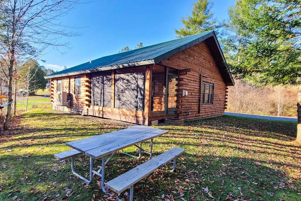 Una cabaña de troncos está junto a una mesa de picnic en un entorno exterior con césped.