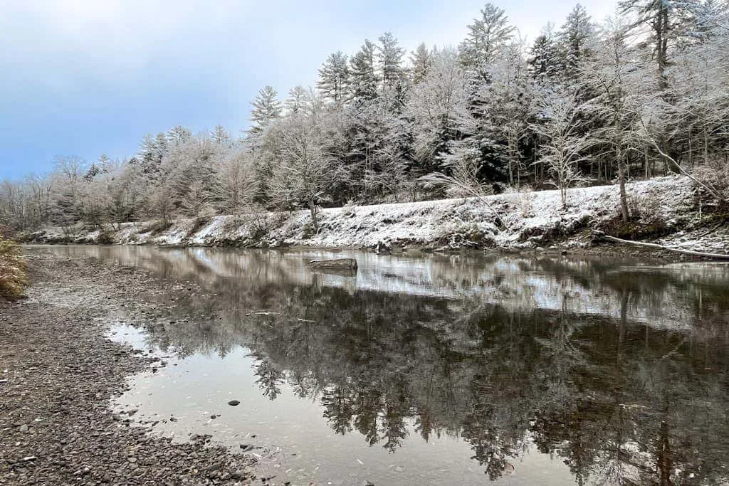 Un río tranquilo refleja un bosque cubierto de nieve en sus orillas.