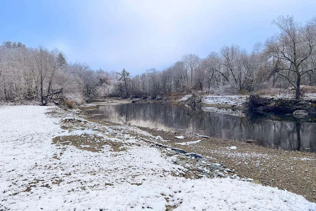 Una orilla nevada sigue la curva de un río tranquilo, bordeado de árboles sin hojas.