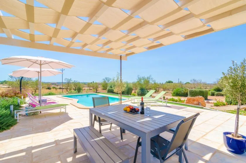 Una zona de comedor al aire libre da a una piscina bajo una pérgola sombreada.