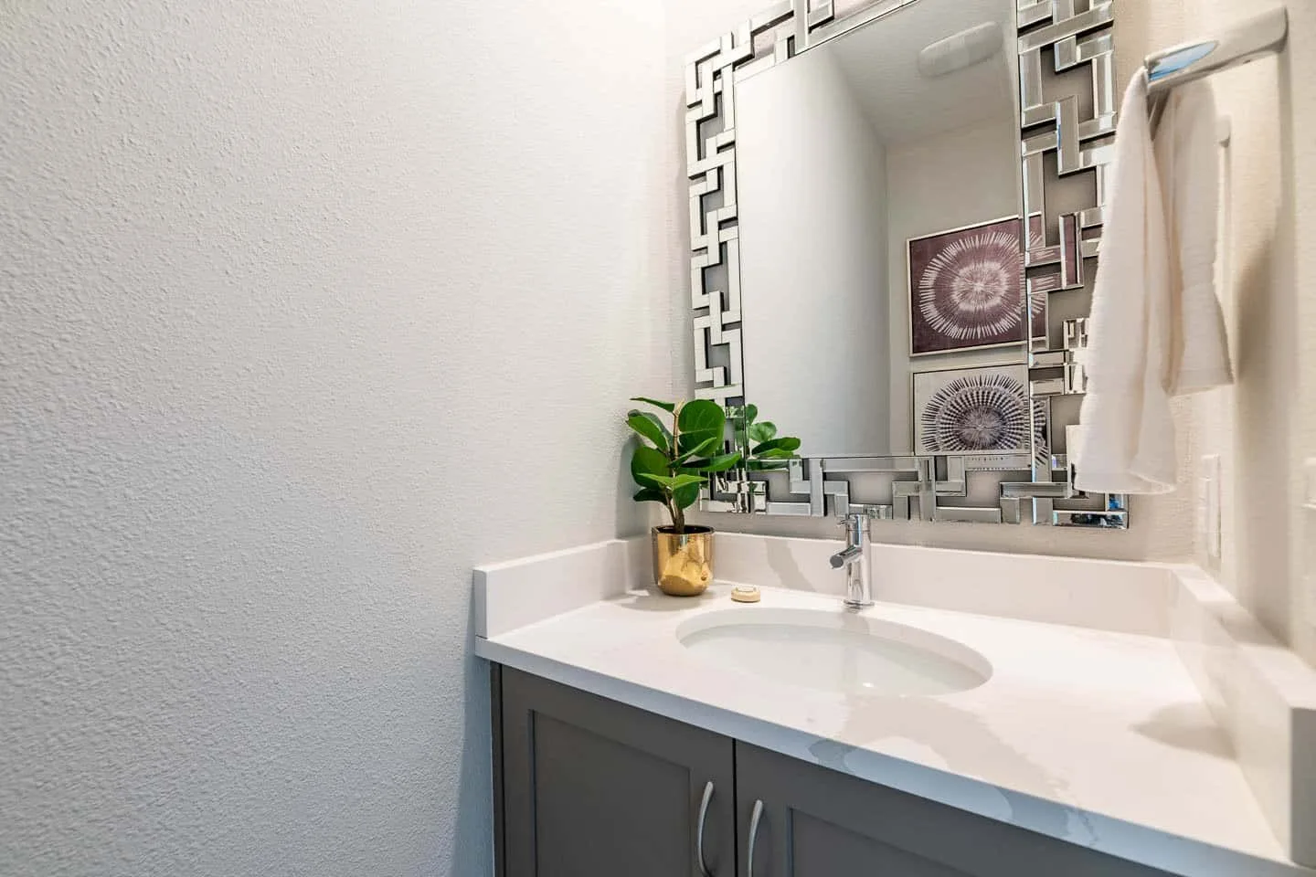 A bathroom vanity with a sink, decorative mirror, and small potted plant.