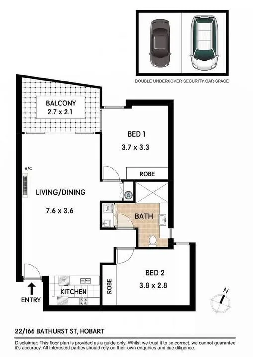 Floor plan showing living, dining, kitchen, bedrooms, bathroom, and balcony areas.