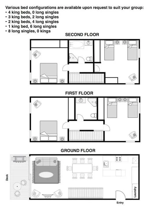 A three-level floor plan shows bedrooms, bathrooms, stairs, and a ground-floor living and dining area.