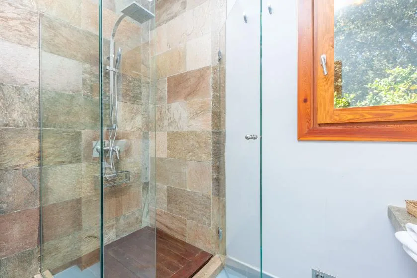 Una ducha de baño con azulejos y mampara de vidrio junto a una ventana con marco de madera.