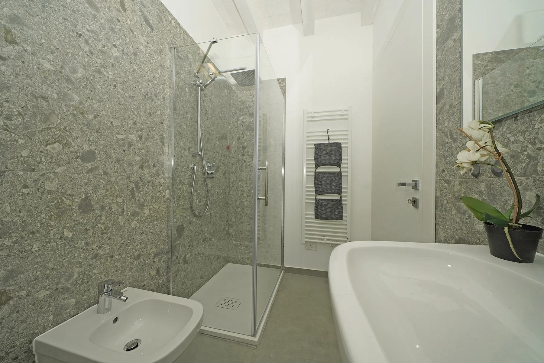 A bathroom with a shower, bidet, and bathtub.