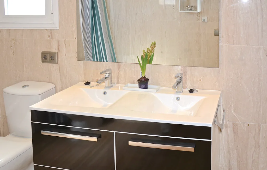 Un mueble de baño con lavabo doble y una pequeña planta en maceta.