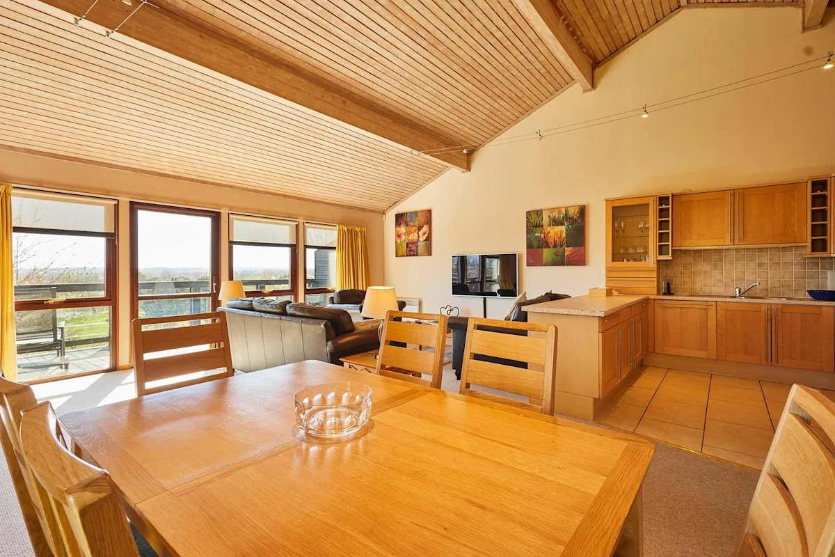 A dining area opens onto a bright living space and kitchen.