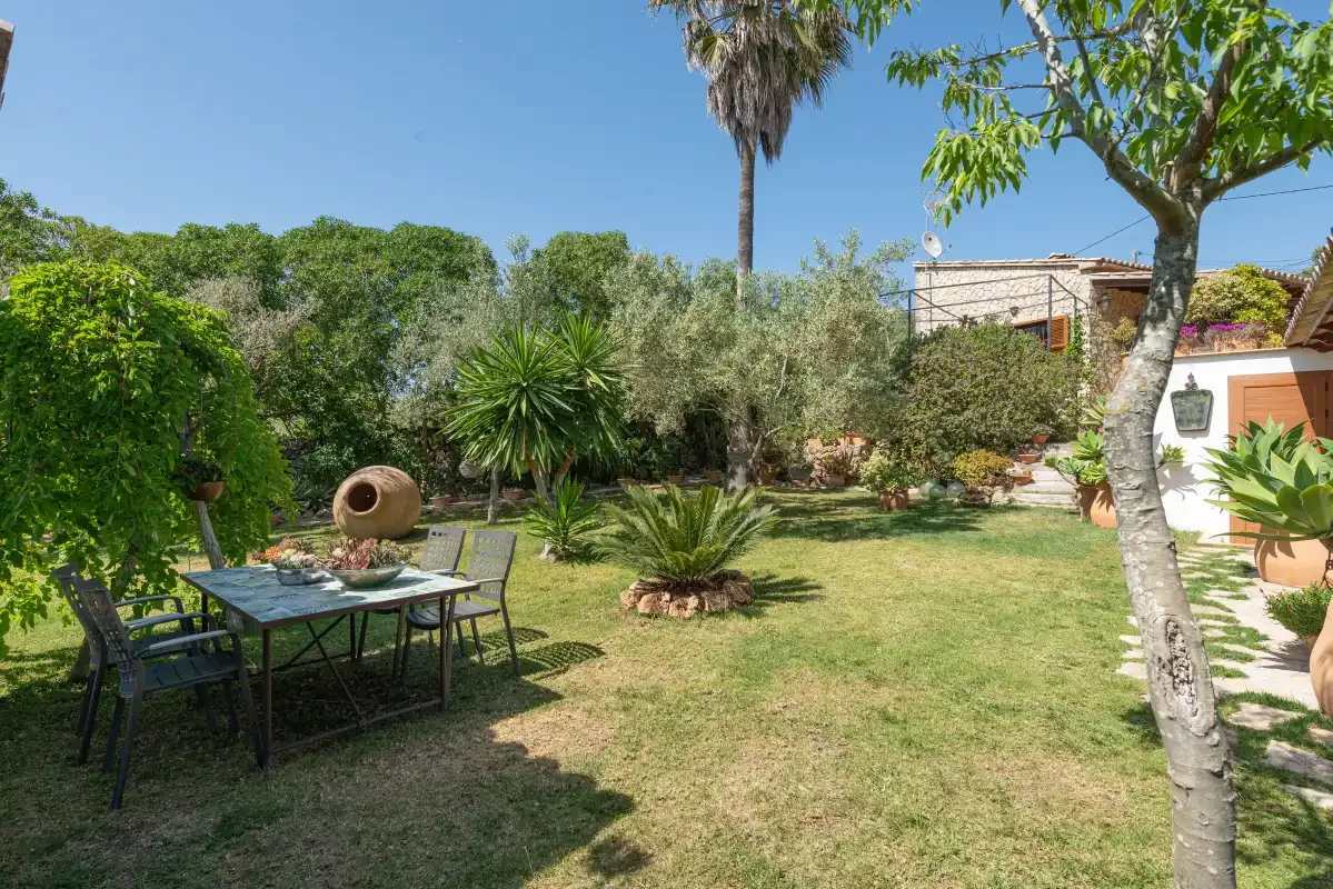 A garden patio with outdoor seating, trees, and planted greenery.
