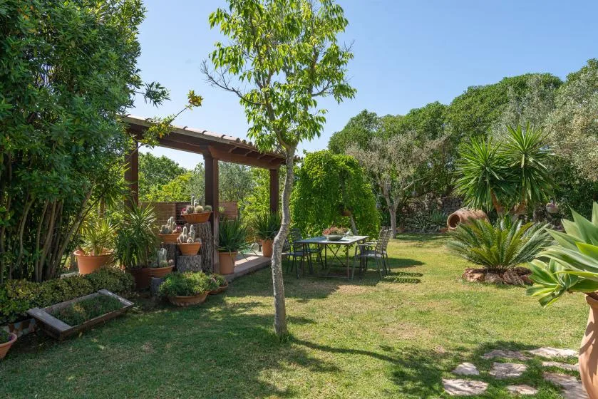 A garden patio with outdoor seating, potted plants, and a wooden pergola.