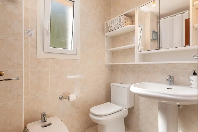 Un baño alicatado con un inodoro y un lavabo bajo un armario con espejo.