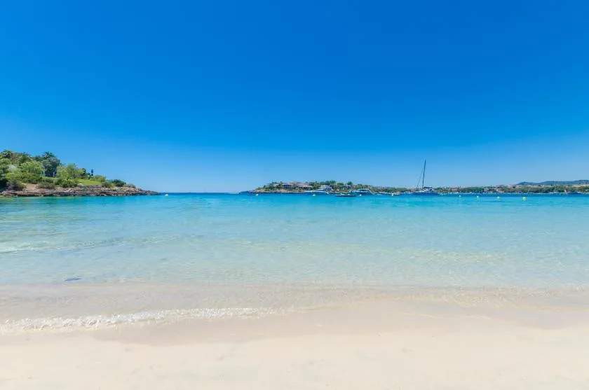 Una playa de arena se encuentra con aguas turquesas tranquilas bajo un cielo azul despejado.
