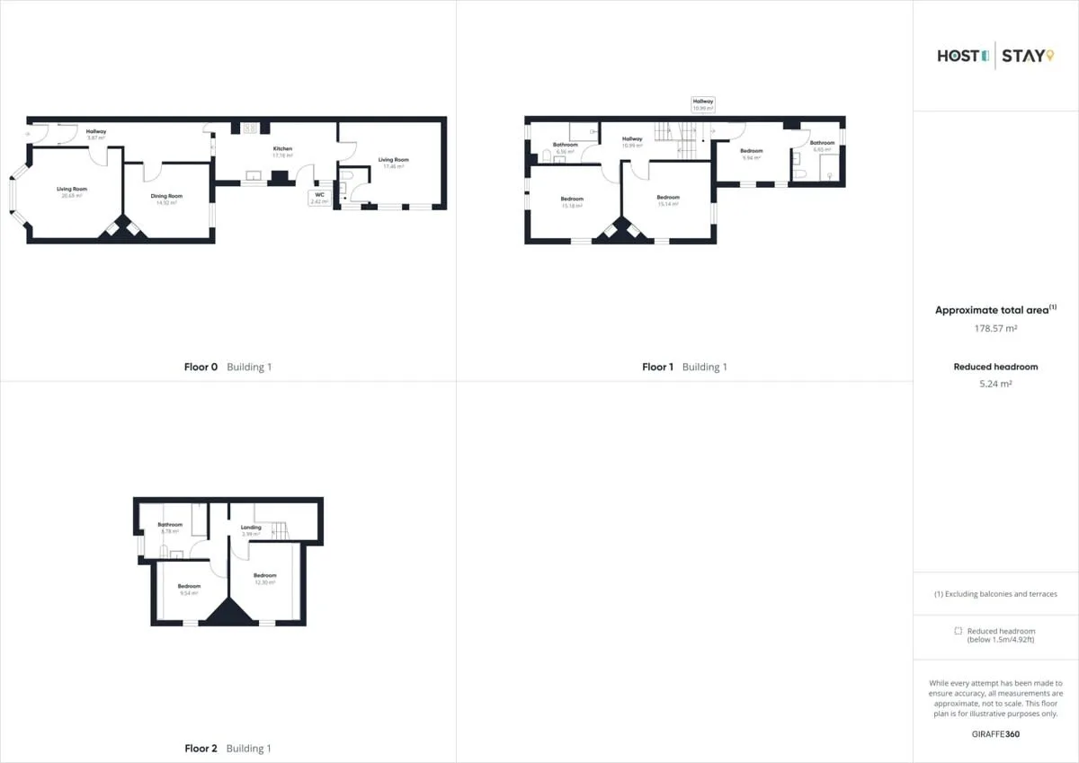 A floor plan graphic shows layouts for three levels of a building.