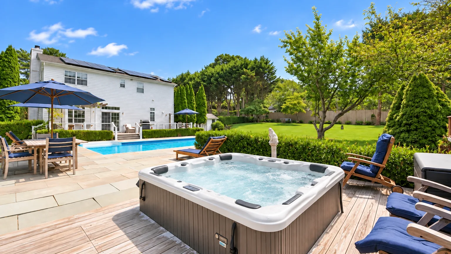 Un jacuzzi exterior está junto a una piscina, asientos de patio y un jardín cuidado.