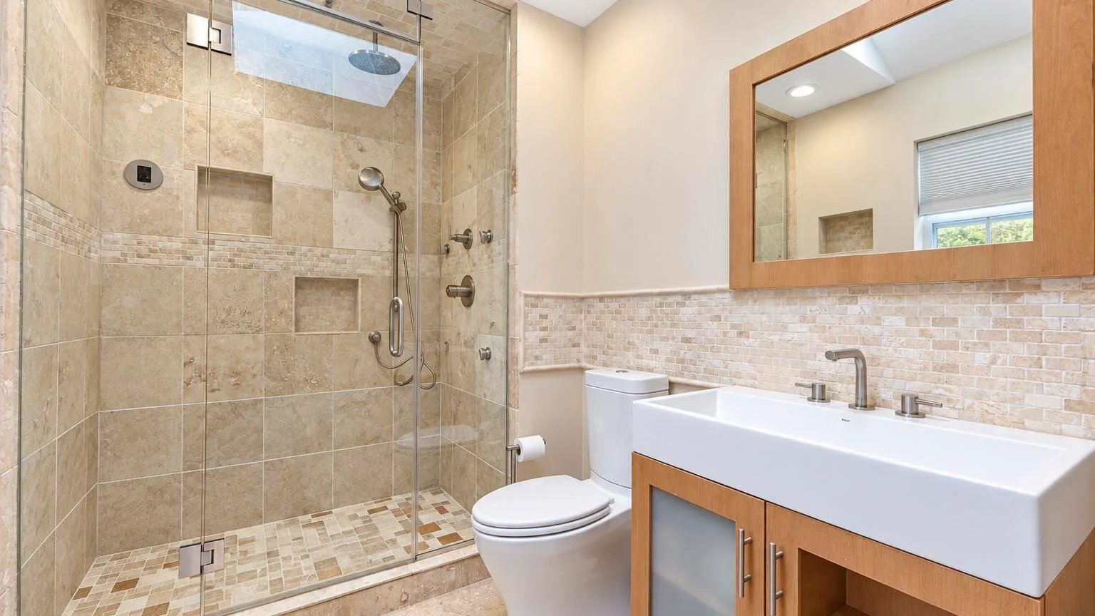 Un baño con ducha revestida de azulejos, inodoro y lavabo.