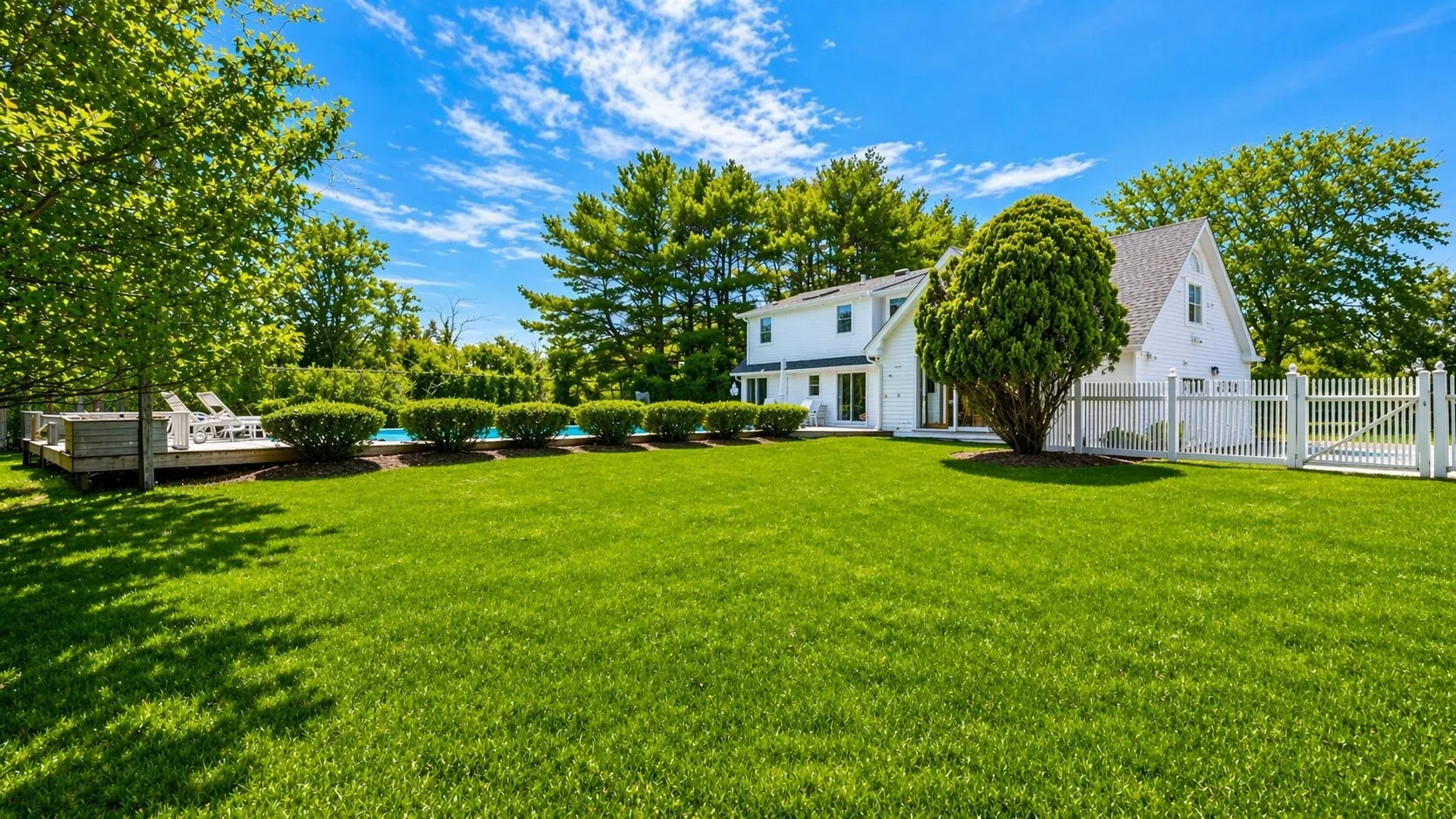 A white house stands beside a broad green lawn, with trees and a fenced patio.