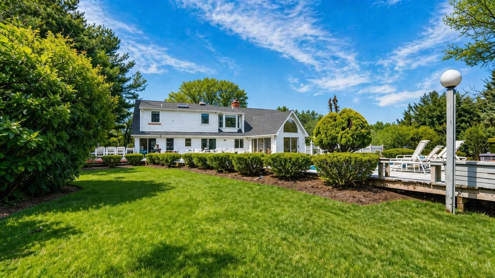 A white house stands beside a landscaped lawn and an outdoor pool area.