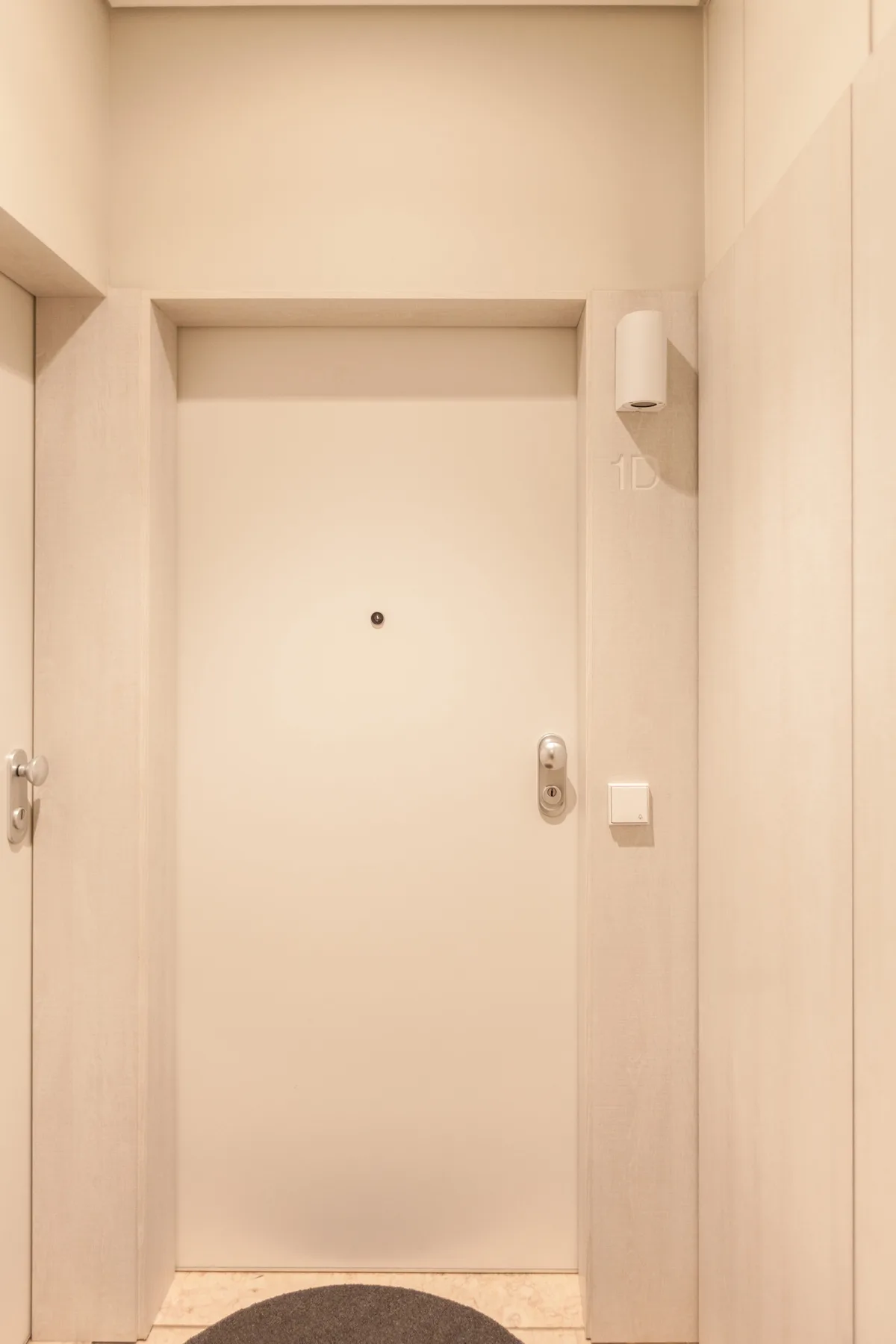 Una entrada clara con una puerta cerrada y un felpudo semicircular oscuro.