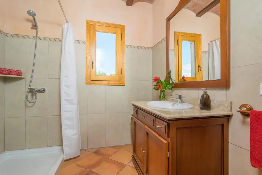 Un baño con azulejos, ducha y un mueble de madera bajo un espejo grande.